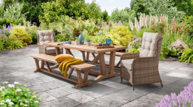 Kuta Large Teak Rectangle Table 2 Bakewell Rattan Chairs & 2 Kuta Teak Benches.