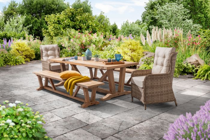 Kuta Large Teak Rectangle Table 2 Bakewell Rattan Chairs & 2 Kuta Teak Benches.
