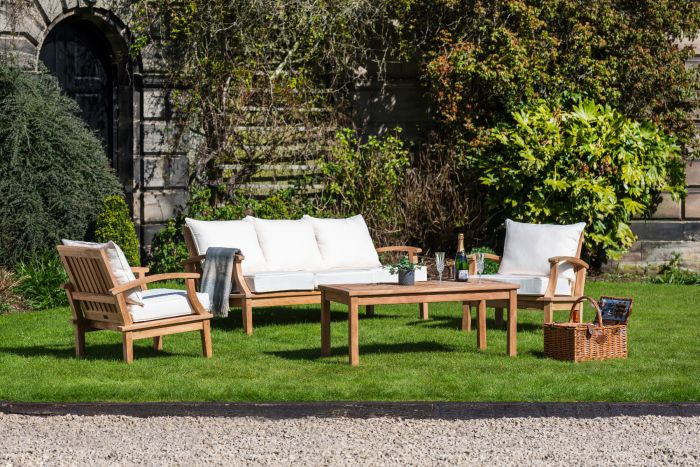 Burford Large Teak Patio Lounge Furniture Set x2 Chairs x1 Large Sofa