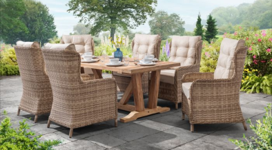 Kuta Teak Rectangle Table with 6 Bakewell Rattan Chairs.