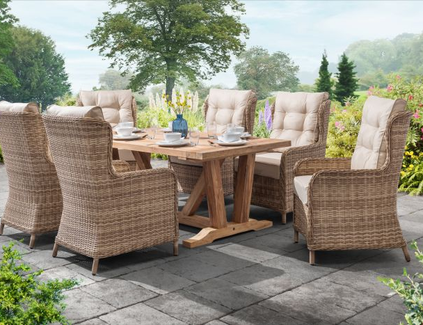 Kuta Teak Rectangle Table with 6 Bakewell Rattan Chairs.