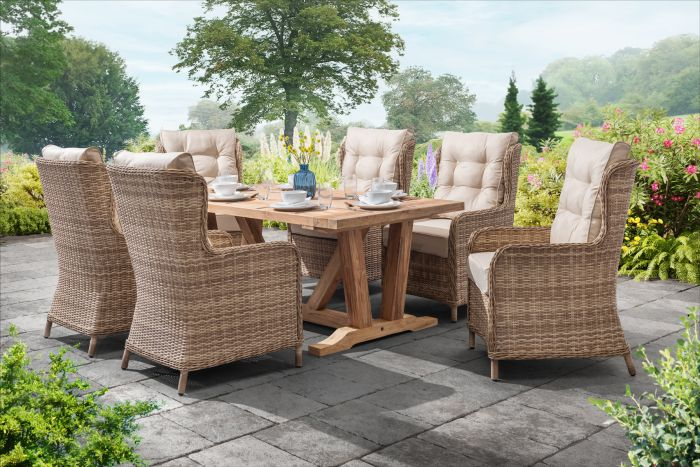 Kuta Teak Rectangle Table with 6 Bakewell Rattan Chairs.