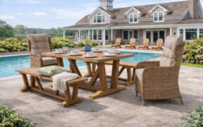 Kuta Medium Teak Rectangle Table 2 Bakewell Rattan Chairs & 2 Kuta Teak Benches
