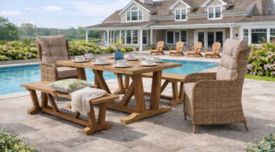 Kuta Medium Teak Rectangle Table 2 Bakewell Rattan Chairs & 2 Kuta Teak Benches