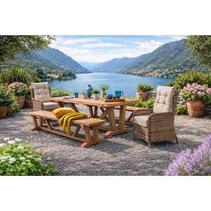 kuta reclaimed teak dining set with rattan chairs 240cm stone