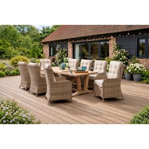 Kuta teak rectangle dining table 8 rattan armchairs