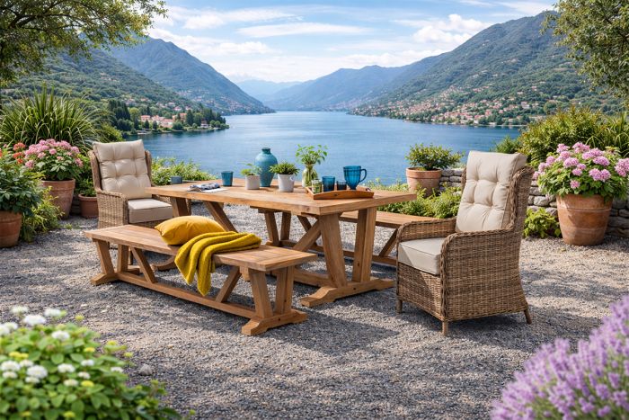 kuta reclaimed teak dining set with rattan chairs 240cm stone