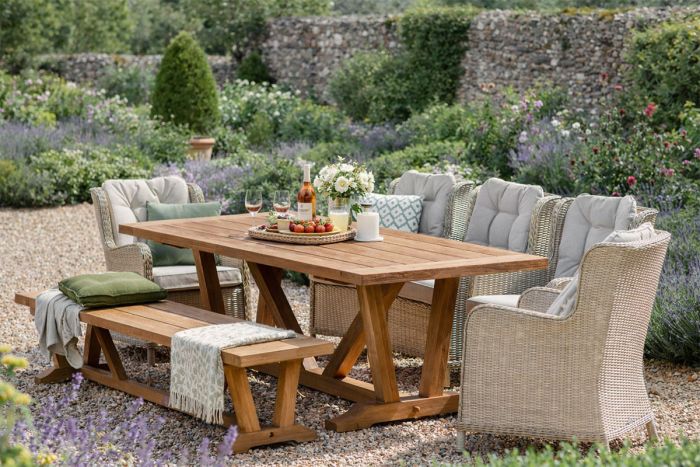 Kuta rectangle dining table with 5 rattan chairs and kuta backless bench