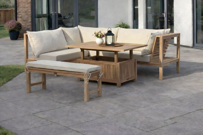 Dual height teak dining lounge set stone