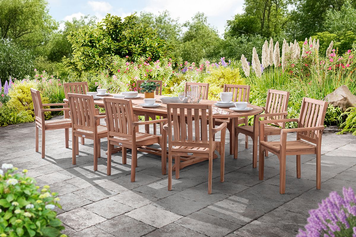 Brompton Teak Outdoor Extending Dining Table Set | 10 Seater