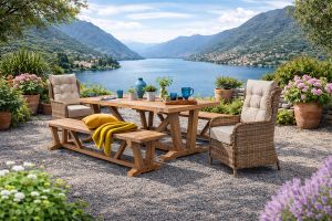 kuta reclaimed teak dining set with rattan chairs 240cm stone