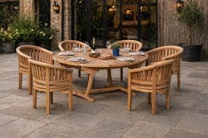 Oval teak outdoor dining set with 6 banana chairs